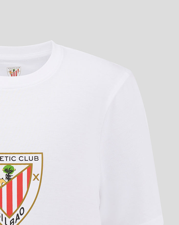 Close-up of white junior crest tee showing neckline and chest crest