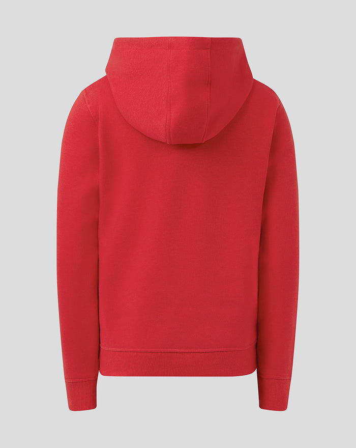 Back view of red JUNIOR CORE OTH HOODY showing hood and ribbed hem