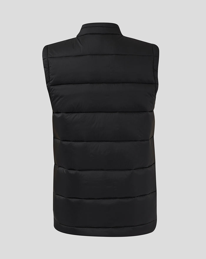 Back view of black padded gilet with horizontal quilting and a standing collar.