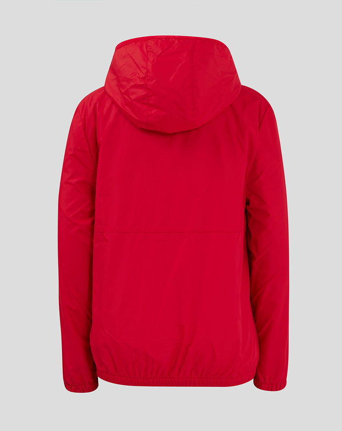 Back view of red Junior Core Summer Jacket with hood and elasticized hem