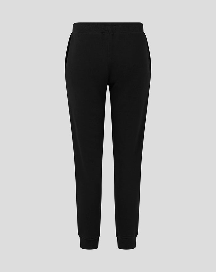 Back view of black junior joggers with a ribbed waistband and tapered legs