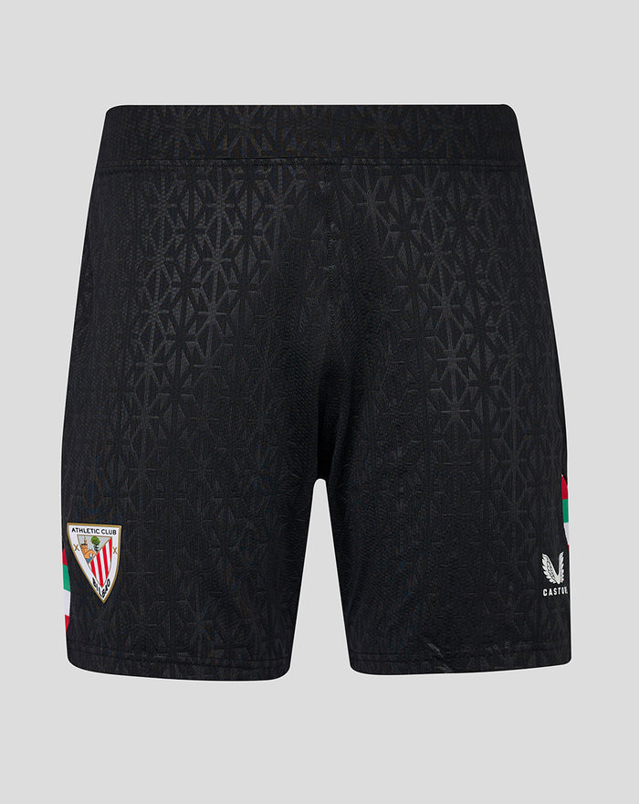 Back view of black Pro Fourth shorts with a subtle geometric pattern, red white green side stripe, and Athletic Club Bilbao badge