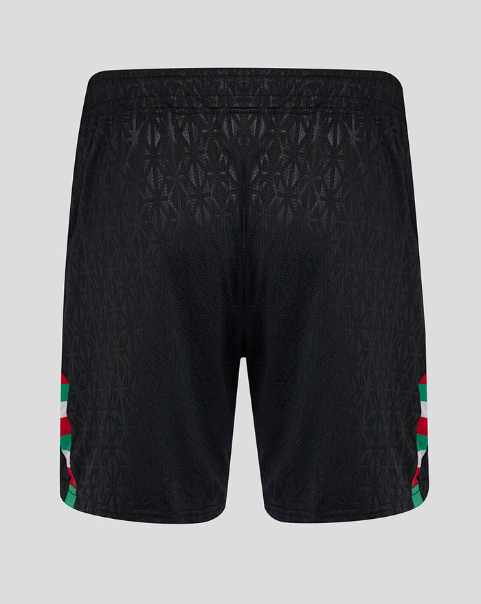 Back view of black men's Pro Fourth shorts with a subtle geometric pattern and colorful side panel.
