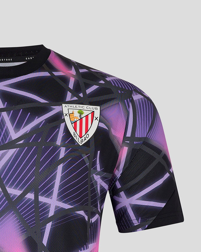 Upper body view of Third Matchday T shirt 24/25 with purple geometric print and Athletic Club Bilbao crest on the chest