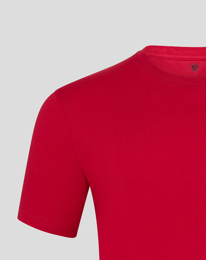 Red Athletic Club Core Crest Tee close up at shoulder and neckline