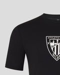 Black tee with a white Athletic Club crest on the chest.