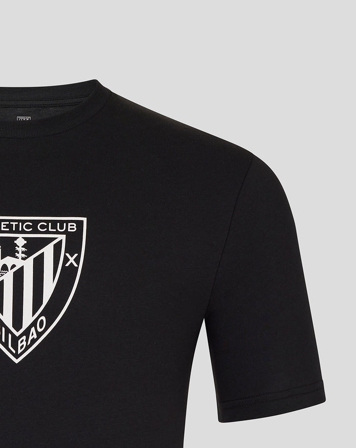 Black tee featuring a white crest logo on the chest.
