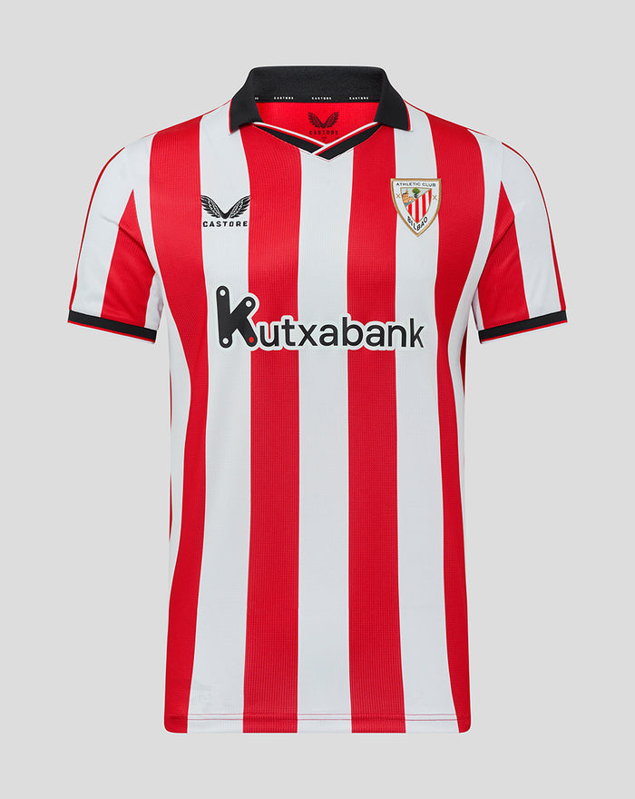 Front view of red and white striped Athletic Club home shirt with polo collar crest left chest and Kutxabank sponsor
