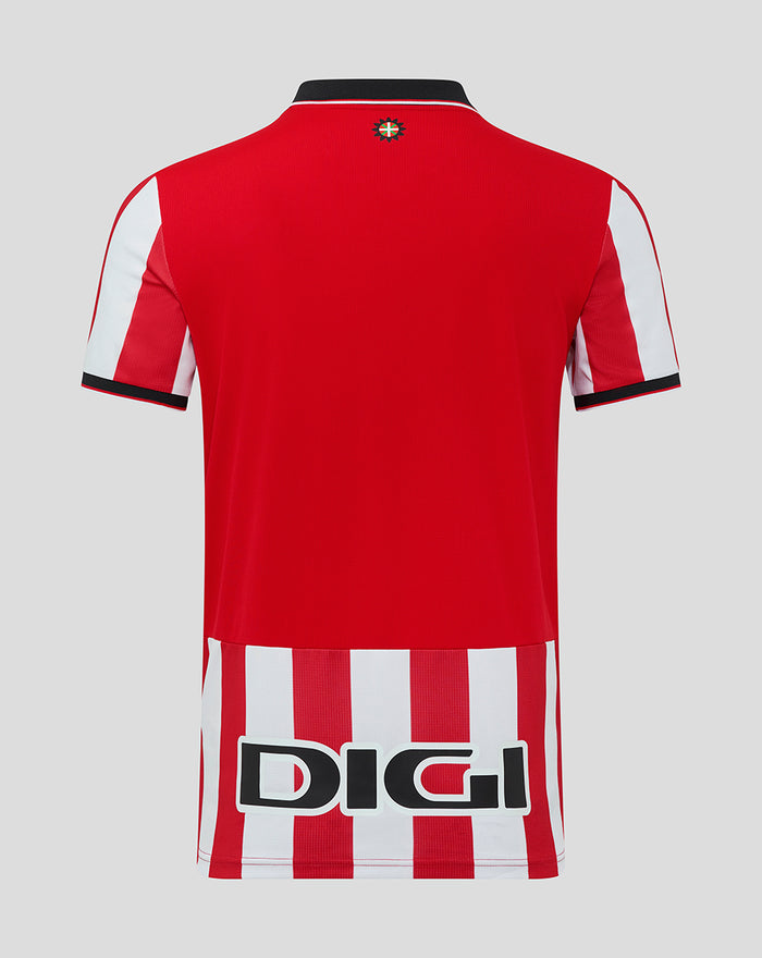 Back view of red Athletic Club home shirt with black collar and white trim, white striped hem and DIGI sponsor logo.