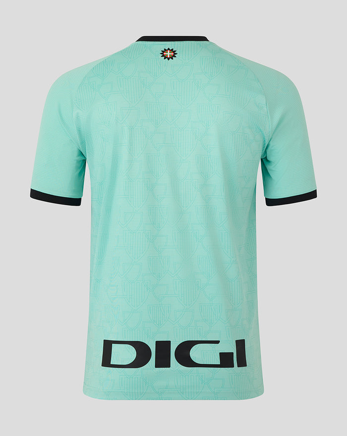Back view of mint green Athletic Club Bilbao third shirt with crest at upper back and DIGI logo at lower back