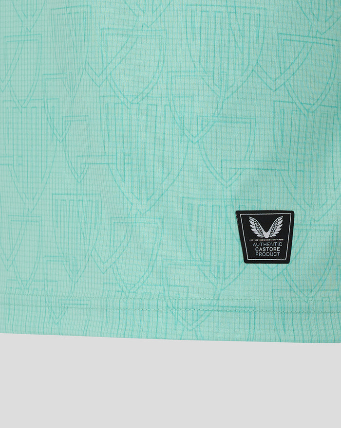Back lower section of mint green jersey with shield pattern and Authentic Castore Product patch.