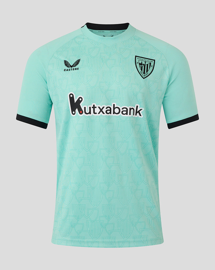 Front view of turquoise Athletic Club third short sleeve shirt with crest on left chest and Kutxabank sponsor across the front