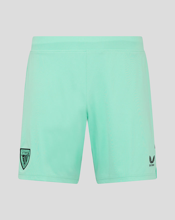 Mint green Athletic Club Third Shorts front view with crest on left thigh and Castore logo on right thigh