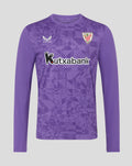 Front view of purple Athletic Club goalkeeper long sleeve jersey with geometric pattern Castore logo and club crest
