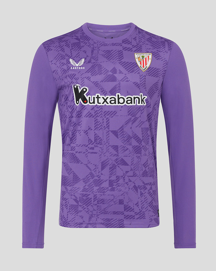 Front view of purple Athletic Club goalkeeper long sleeve jersey with geometric pattern Castore logo and club crest