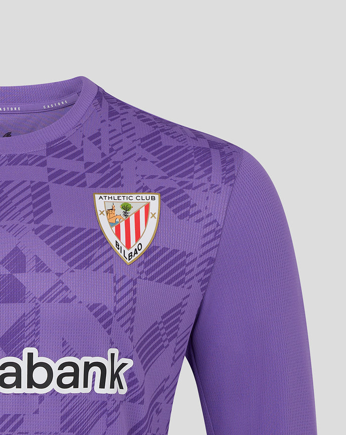Back view of purple Athletic Club goalkeeper jersey with large DIGI print at lower back and crest on upper left chest