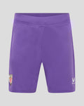 Front view of purple Athletic Club goalkeeper shorts with crest on the left thigh and Castore logo on the right thigh