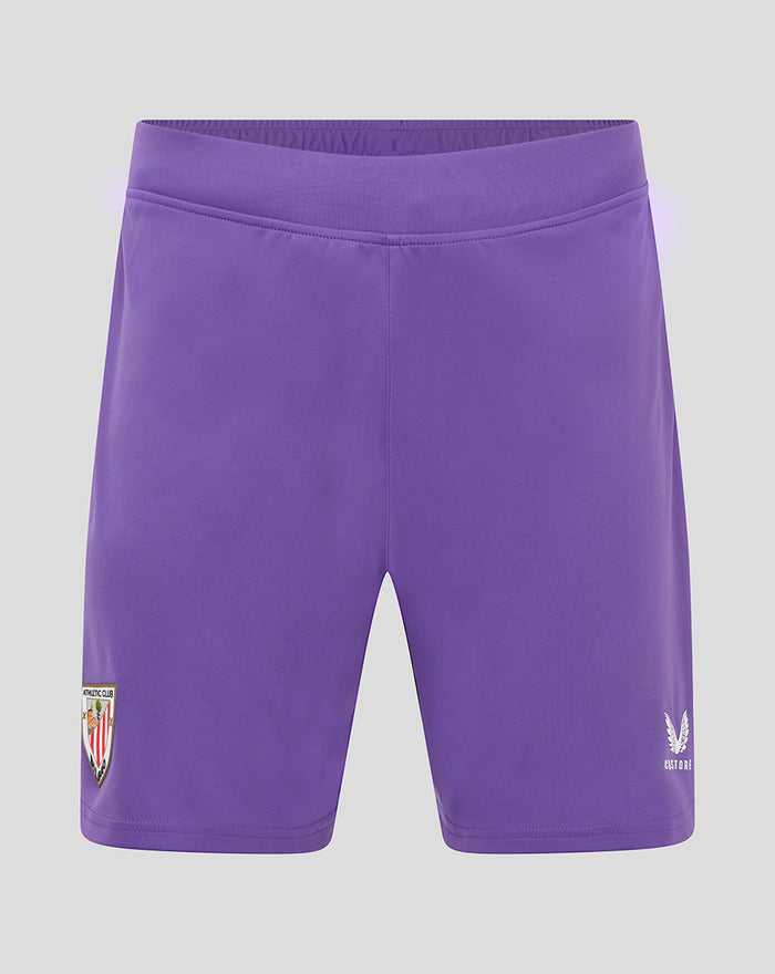 Front view of purple Athletic Club goalkeeper shorts with crest on the left thigh and Castore logo on the right thigh