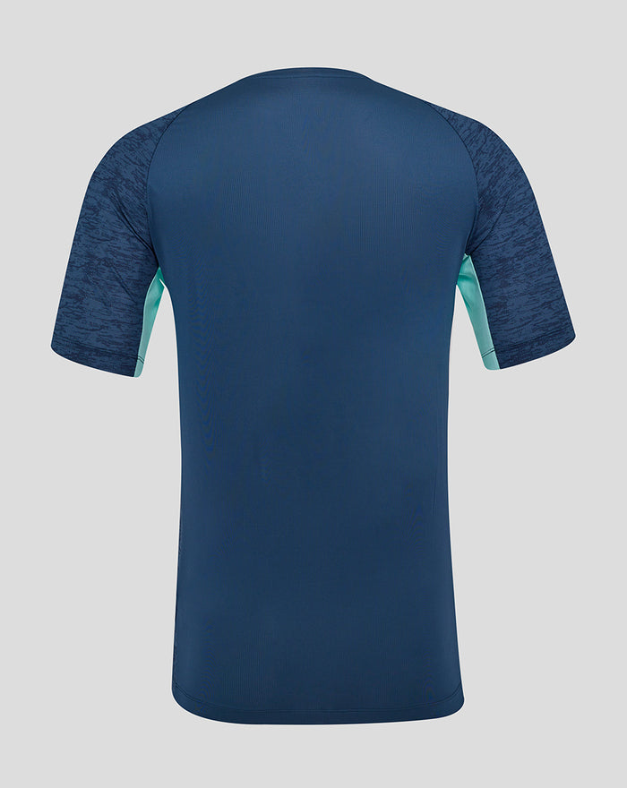 Back view of navy Athletic Club Performance Short Sleeve Tee with heathered sleeves