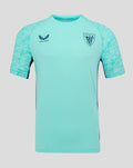 Front view of aqua athletic club tee with Castore logo on the left chest and Athletic Club crest on the right chest.