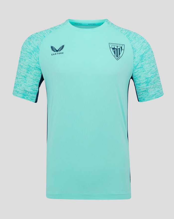 Front view of aqua athletic club tee with Castore logo on the left chest and Athletic Club crest on the right chest.
