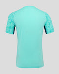 Back view of mint Athletic Club short sleeve tee with marled sleeves, side panels and dropped back hem.