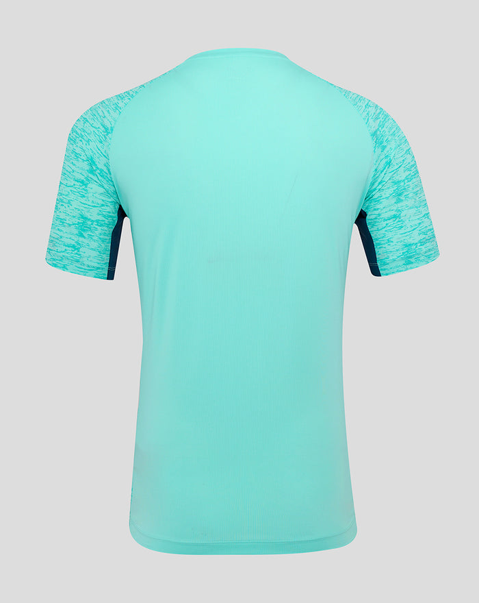 Back view of mint Athletic Club short sleeve tee with marled sleeves, side panels and dropped back hem.