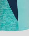 Close up of marled teal sleeve and navy side panel on athletic club midlayer top.