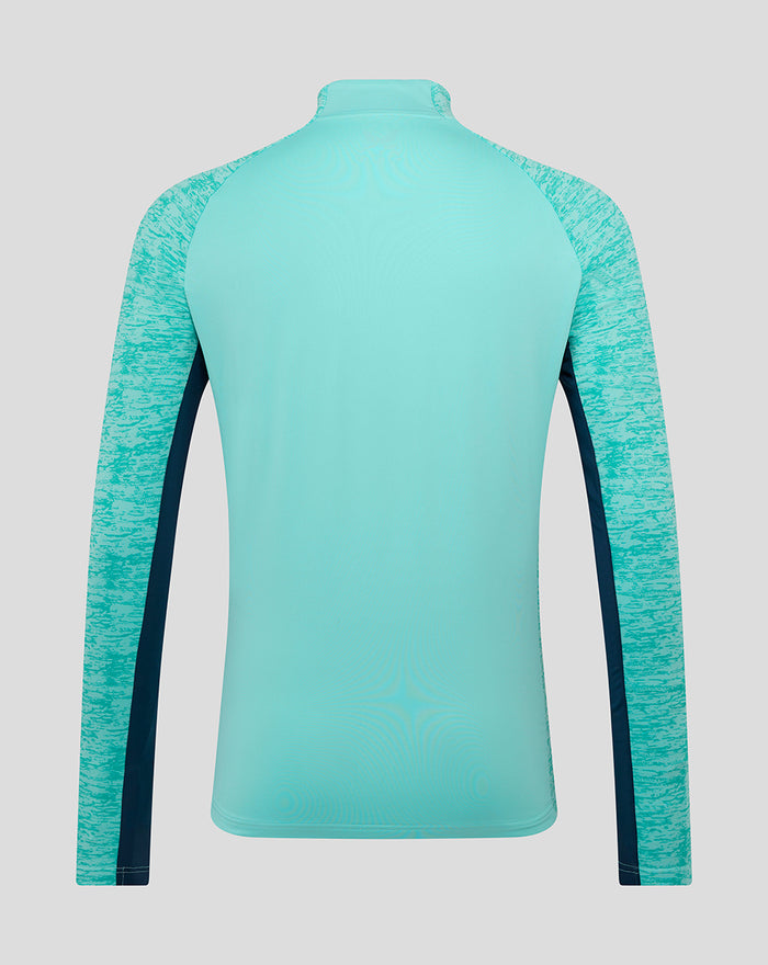 Back view of turquoise Athletic Club midlayer top with marled sleeve panels and dark side panel.