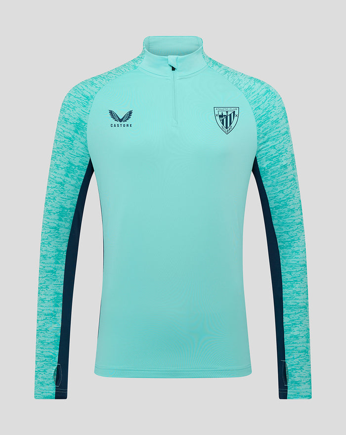 Front view of turquoise Athletic Club Performance Midlayer Top with zip collar and chest logos Castore on right chest and Athletic Club crest on left chest