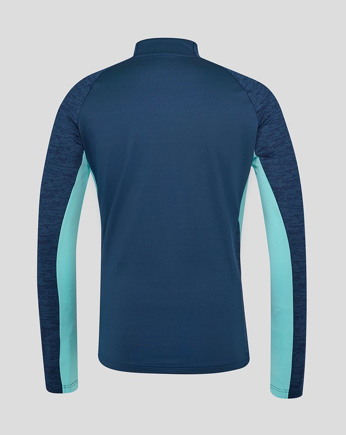 Back view of navy Athletic Club Performance Midlayer Top with mint side panels and textured sleeves
