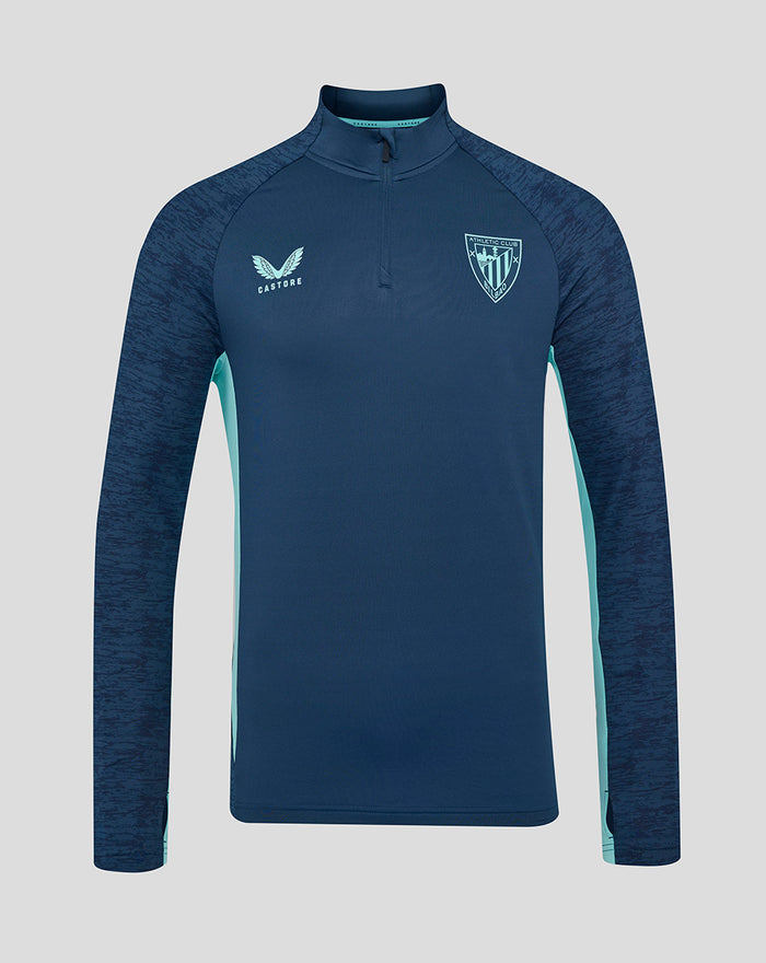 Front view of navy Athletic Club Performance Midlayer Top with quarter-zip, Castore logo on right chest and crest on left chest