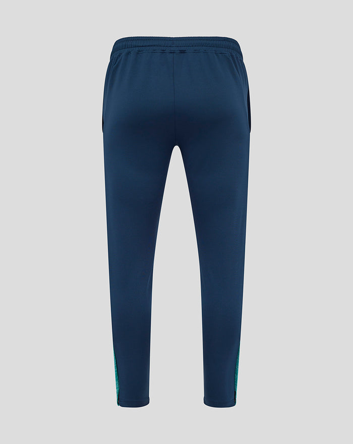 Back view of navy Athletic Club training knit pants with teal side panels and ribbed cuffs