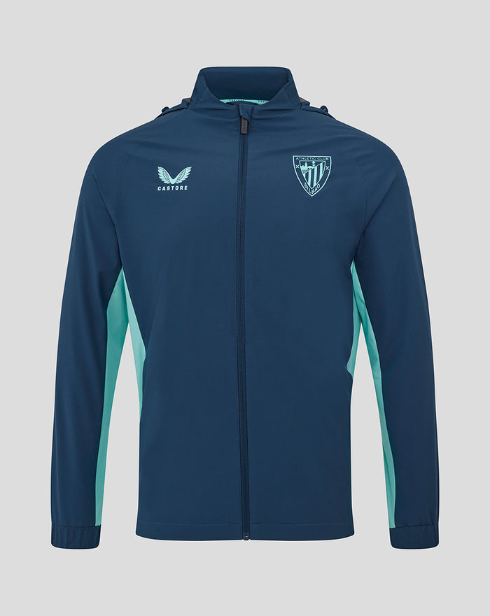 Moonlit Ocean navy Athletic Club packable hooded shower jacket front view with crest and teal side panels