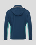 Back view of a moonlit ocean athletic hooded shower jacket in deep blue with light teal side panels.
