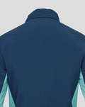 Upper back view of a blue hooded shower jacket, showing the hood and smooth back panel.