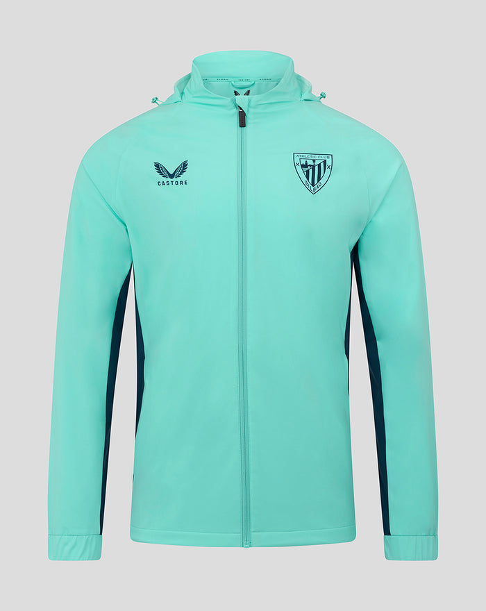 Aruba blue athletic club packable hooded shower jacket front view with logo