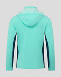 Back view of Aruba blue athletic club packable hooded shower jacket showing the hood and navy side panels