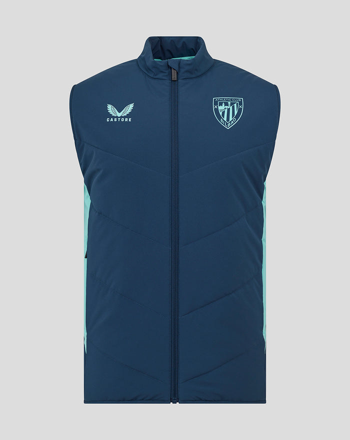 Front view of navy Athletic Club performance gilet with mint side panels and crest