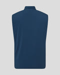 Back view of a blue athletic club performance gilet with a raised collar