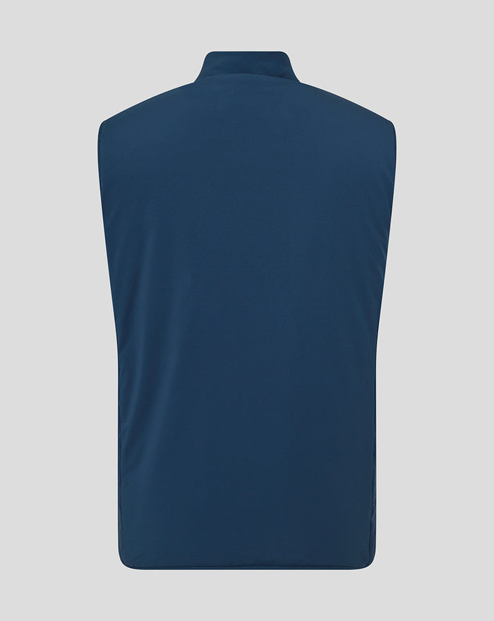 Back view of a blue athletic club performance gilet with a raised collar