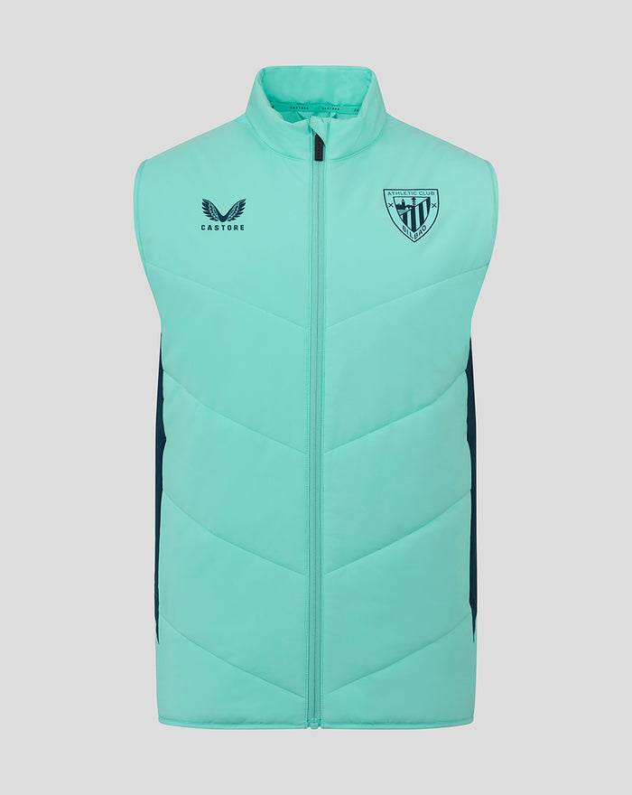 Mint green quilted athletic club gilet with front zipper and chest logos.