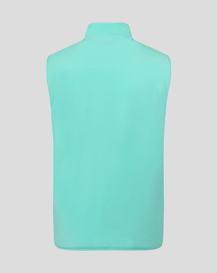 Turquoise athletic gilet viewed from the back