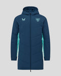 Long navy padded hooded jacket with mint side panels, full front zipper, Athletic Club crest on left chest and Castore logo on right.