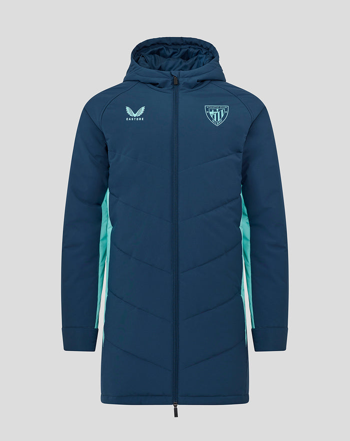 Long navy padded hooded jacket with mint side panels, full front zipper, Athletic Club crest on left chest and Castore logo on right.