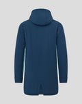 Back view of a long navy padded hooded jacket with teal side panels.