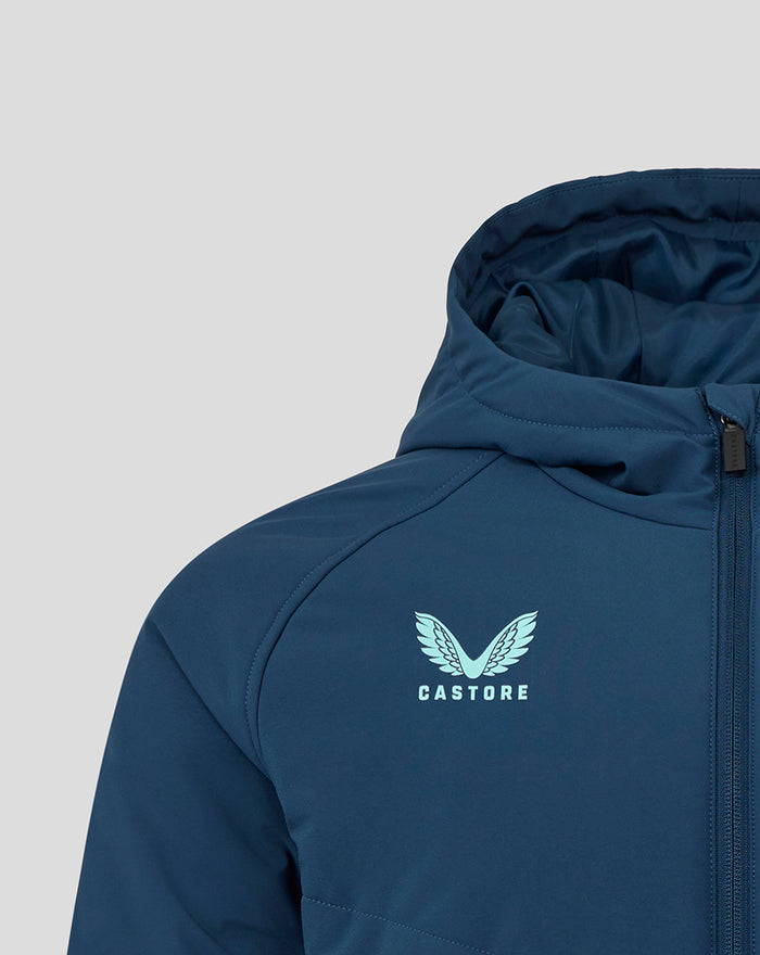 Moonlit Ocean Aruba Blue padded jacket close up of chest with hood and light blue Castore logo