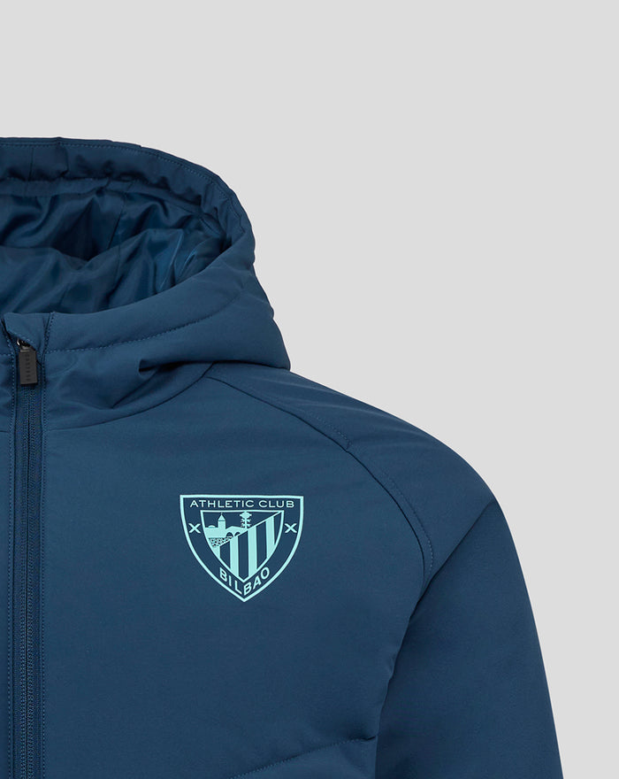 Navy blue padded jacket with turquoise Athletic Club Bilbao crest on the chest
