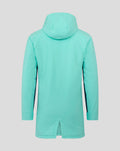 Back view of a bright turquoise padded hooded jacket with a vent at the hem