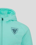 Turquoise padded jacket with crest patch reading Athletic Club Bilbao on the chest